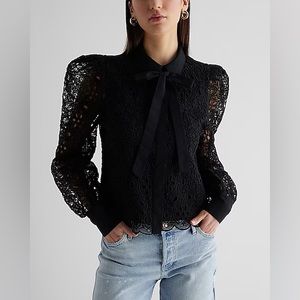 $128 org. New Express sexy Eyelet Lace Tie Neck Puff Sleeve Top In Black, small